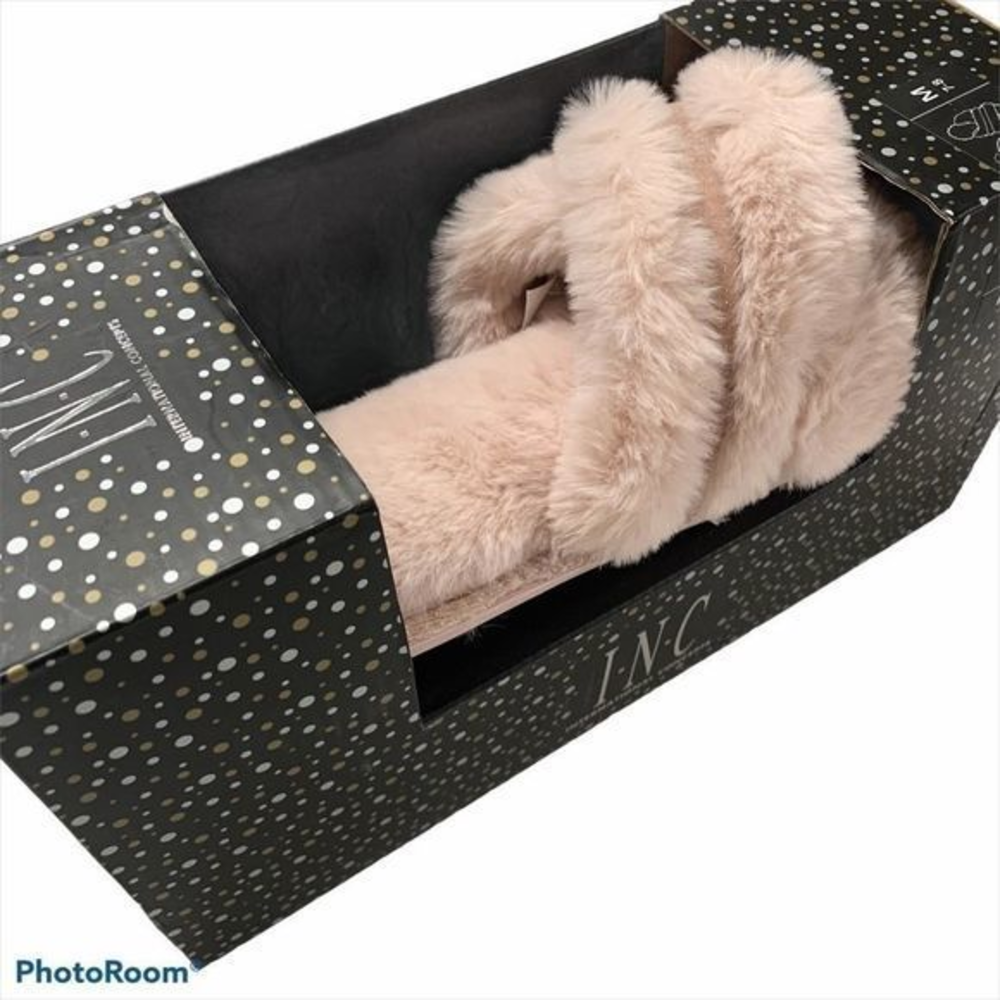 INC‎ Fuzzy Furry Plush Crossband Slippers Pink NWT